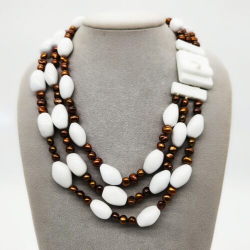 COLLANA 3 FILI AGATA BIANCA PERLE CHOCOLATE </br>BFHX 3903