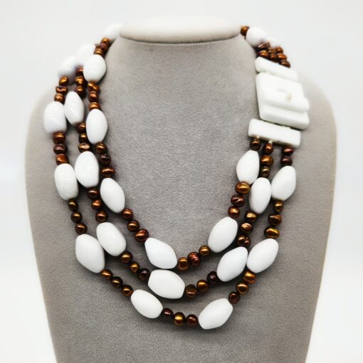 COLLANA 3 FILI AGATA BIANCA PERLE CHOCOLATE </br>BFHX 3903