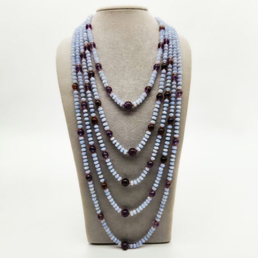 COLLANA 5 FILI AMETISTA MUSCHIATA + CALCEDONIO ARGENTO ROSATO </br>GIHX 13023